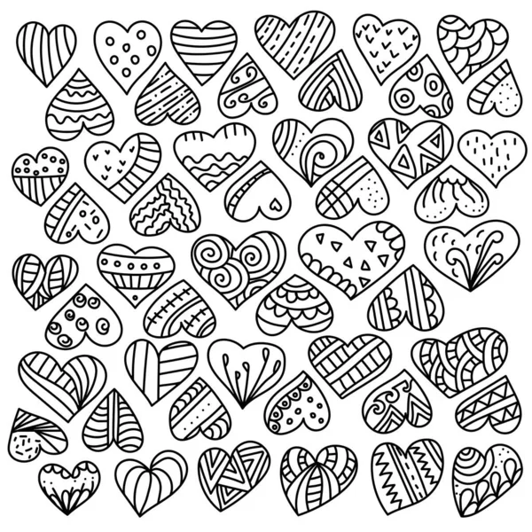 一组具有不同线性图案的涂鸦心形 有着线条 圆圈和波纹的简单可爱的心 设计和创意的矢量轮廓说明 — 图库矢量图片