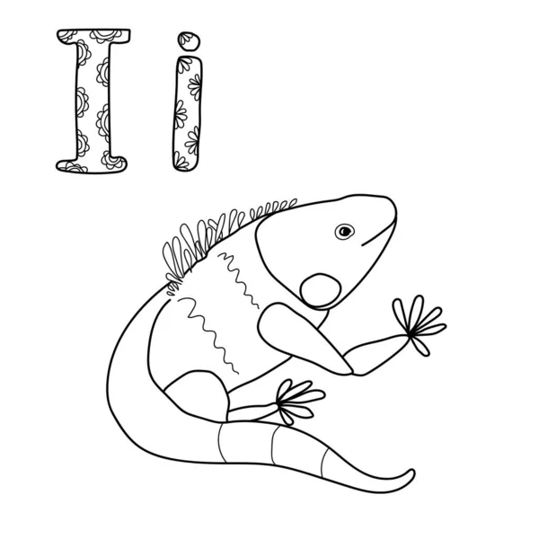 Színező Oldal Tanulmány Levél Vázlatos Illusztrációja Iguana Volumetrikus Betűk Minták — Stock Vector