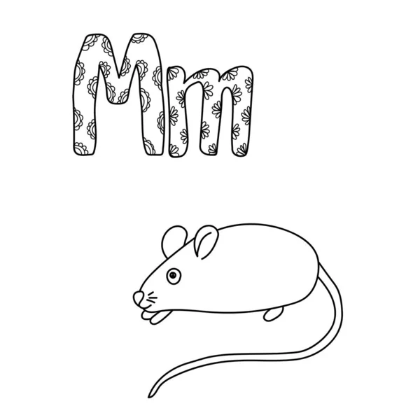 Desenho Para Colorir Para Estudo Letra Esboço Ilustração Mouse Letras — Vetor de Stock