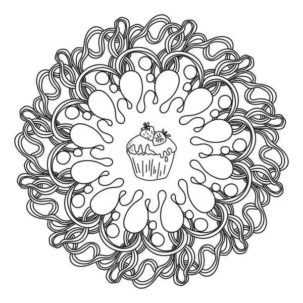 Mandala Contour Avec Éclaboussure Cupcake Aux Fraises Centre Page Colorier — Image vectorielle