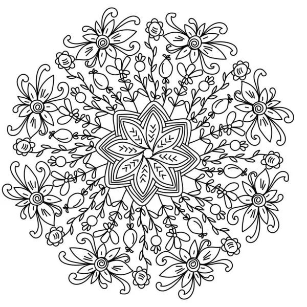 Konturmandala Aus Doodle Blumen Mit Einer Großen Blume Der Mitte — Stockvektor