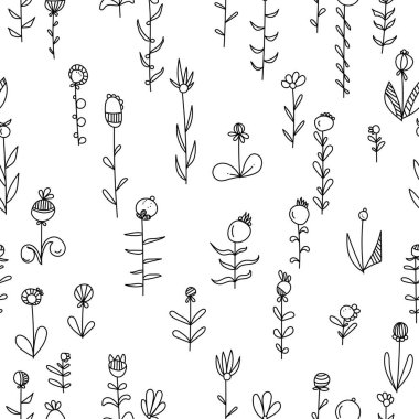 Doğrusal karalama çiçeklerinin kusursuz deseni, beyaz arkaplan üzerinde çapraz konum bitkileri, tasarım için vektör çizgisi çizimi çizimi