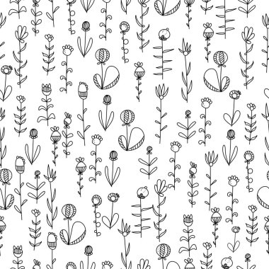 Çeşitli şekil ve boyutlardaki karalama çiçeklerinin düzensiz deseni yatay bir konumda düzenlenmiş kaotik şekilli bitkiler, tasarım ve yaratıcılık için vektör çizgisi çizimi