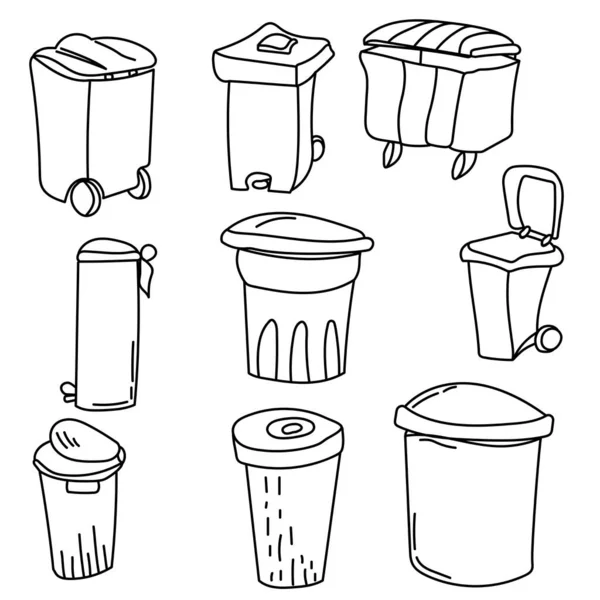 垃圾箱和垃圾箱 垃圾箱的回收和收集 不同形状的容器 涂鸦草图 矢量设计说明 — 图库矢量图片