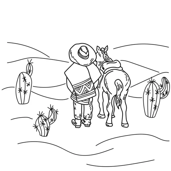 Cavalier Cheval Dans Désert Parmi Les Cactus Vue Arrière Cow — Image vectorielle