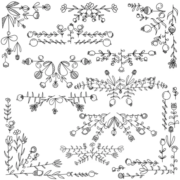 Set Corners Decorative Rulers Doodle Flowers Various Rounded Petals Leaves — Stock Vector