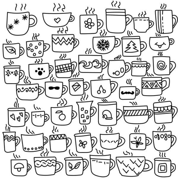 Set Doodle Hot Drink Cups Mugs Outline Drawings Cute Decor — Stock Vector