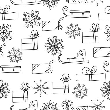 Çizgilerin kusursuz deseni. Kış aksesuarları. Kızaklar, hediyeler, kar taneleri.
