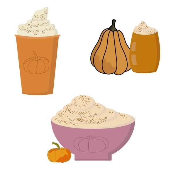 Tök Fűszeres Italok Készlet Szezonális Trendi Forró Sütőtök Latte Papír — Stock Vector