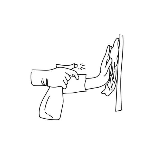 表面の消毒と洗浄 ラグと手の回路図表現 スプレーでの手 病気の予防と効果的な洗浄 ベクトルアウトラインイラスト — ストックベクタ