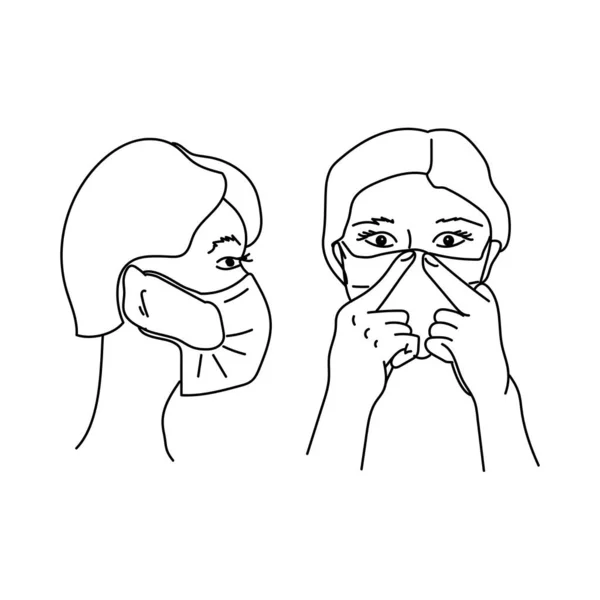 医療用マスクを正しく着用し 保護マスクを着用した人間の顔の回路図表現 ベクトルアウトラインイラスト — ストックベクタ
