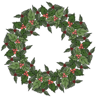 Kırmızı böğürtlenli Noel çelengi, yuvarlak çerçeveli çeşitli tonlarda yeşil yapraklar, tasarım ve yaratıcılık için vektör çizimi