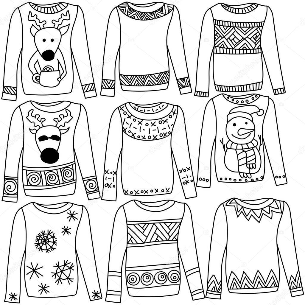 Set of cozy contoured doodle sweaters with patterns and drawings on a winter theme, coloring page of holiday clothes, vector outline illustration for design and creativity