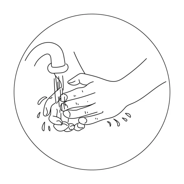 手を洗え 実行中の水の下での人間の手の回路図 — ストックベクタ