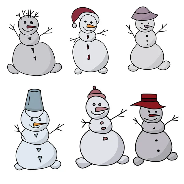 Conjunto Muñecos Nieve Lindos Con Diferentes Sombreros Personajes Invierno Positivos — Archivo Imágenes Vectoriales