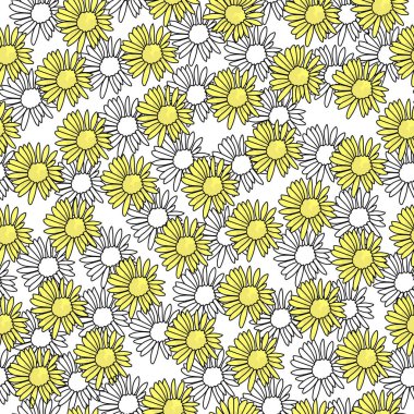 Sarı renkli ve hatlı küçük çiçeklerin kusursuz deseni, beyaz arka planda birçok küçük çiçek açan bitkiler, tasarım ve yaratıcılık için vektör çizimleri