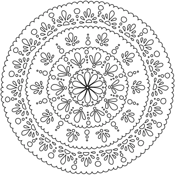 Contour Antistress Mandala Floral Motif Center Droplets Circle Coloring Page — Stock Vector