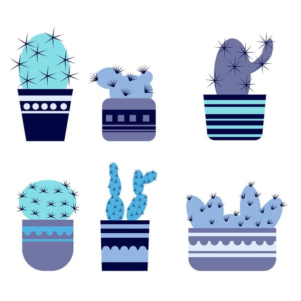 蓝色图案装饰壶中的一组风格化仙人掌 带有荆棘矢量图解的家庭植物肉制品 用于设计和创意 — 图库矢量图片