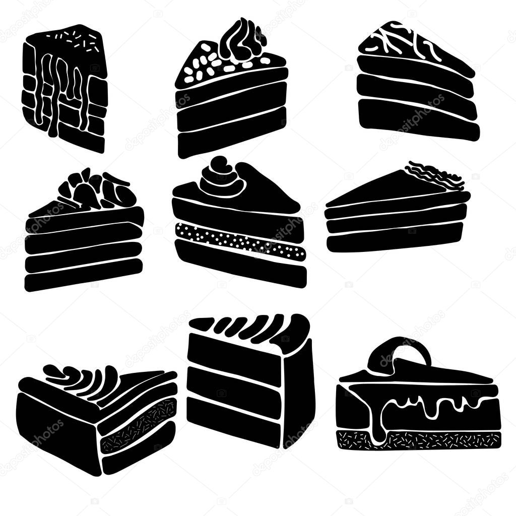 Set of silhouettes of triangular shaped cake pieces, sweet pastry with layers and cream, logo options for bakery or sweets shop, vector illustration for design and creativity