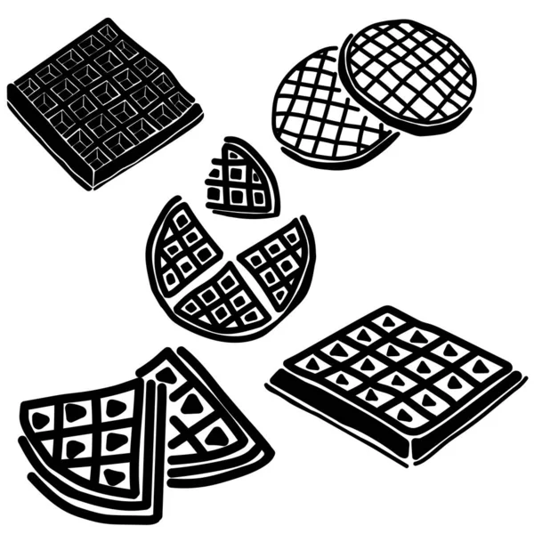 様々な形 ラウンドと長方形のワッフルの甘いペストリーワッフルのシルエットのセット パン屋やキャンディーストアのロゴ デザインと創造性のためのベクトルイラスト — ストックベクタ