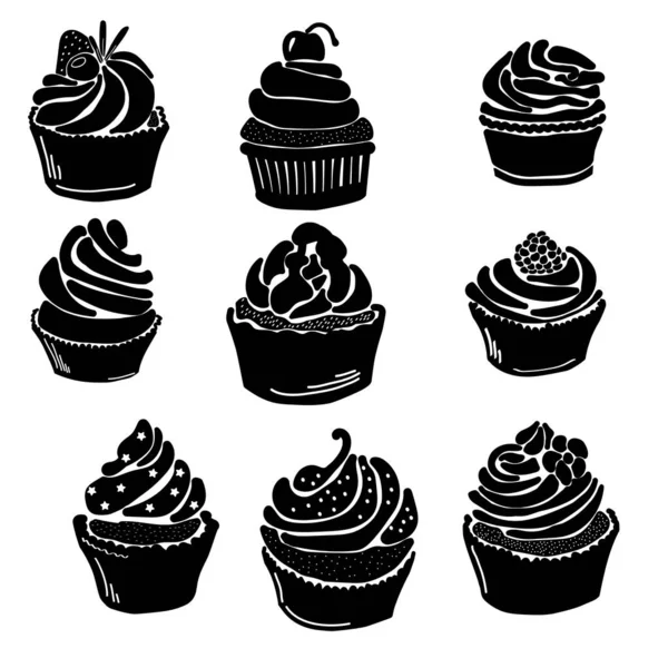 Conjunto Silhuetas Cupcakes Com Vários Decoração Creme Frutas Polvilhar Logotipos —  Vetores de Stock