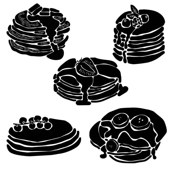 Set Silhouettes Pancakes Syrup Various Fruits Options Logo Menu Filling — Stock Vector