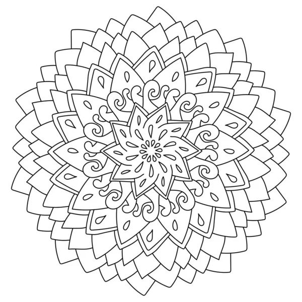 Eenvoudige Symmetrische Doodle Mandala Van Krullen Driehoekige Bloemblaadjes Antistress Kleurplaat — Stockvector