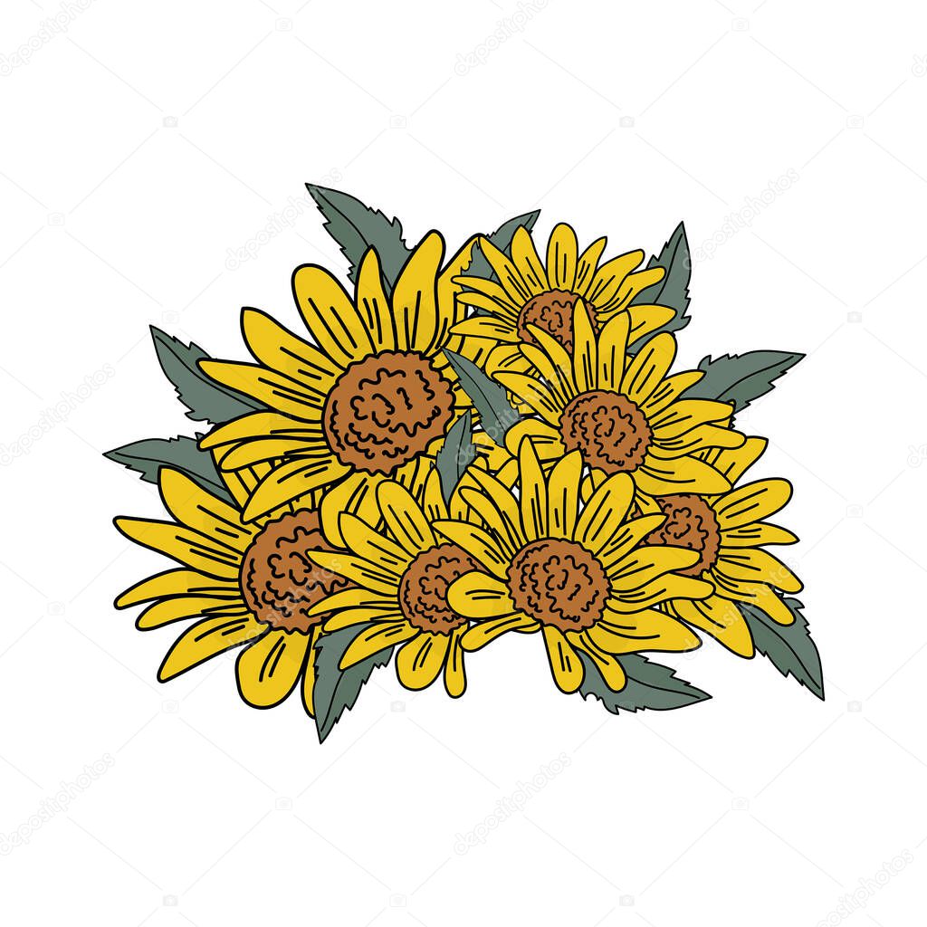 Bouquet of small blooming sunflowers with yellow petals and green leaves, vector illustration for design and creativity