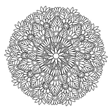 Yaprak ve çiçeklerin karalama Zen mandala, bitki unsurları ile süslenmiş anti-stres renk sayfası, tasarım ve yaratıcılık için vektör çizgisi çizimi