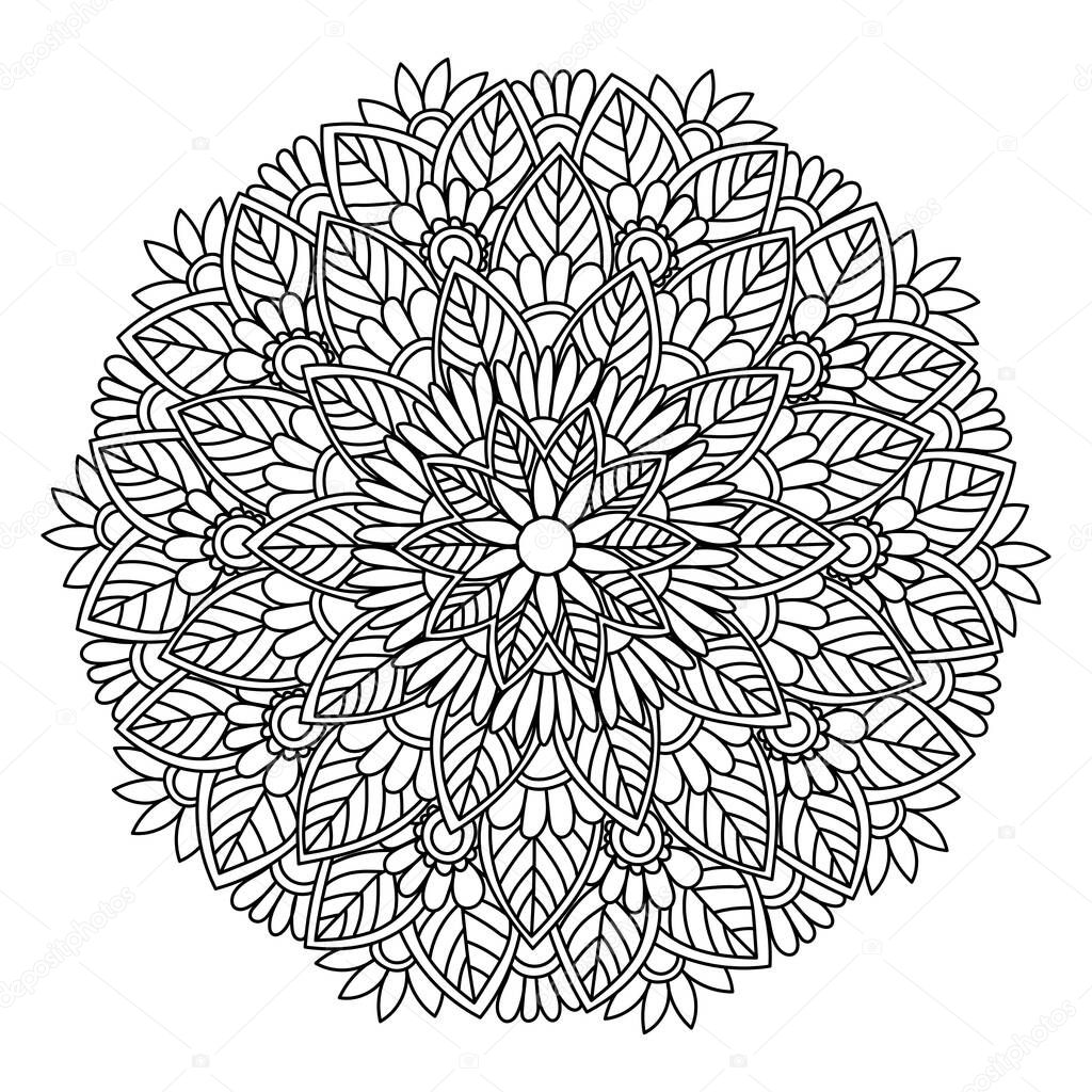 Contour doodle zen mandala of leaves and flowers, ornate antistress coloring page with plant elements, vector outline illustration for design and creativity