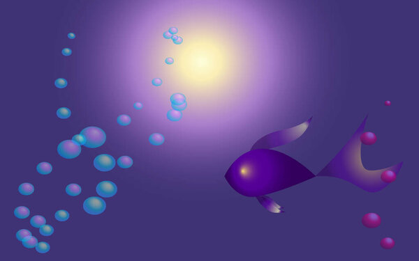dark purple fish swimming in the deep, purple background, colorful bubbles