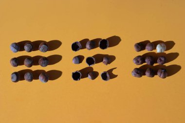 3 yığın fındık: bütün, kabuklu ve soyulmuş; natürmort 3 aşama