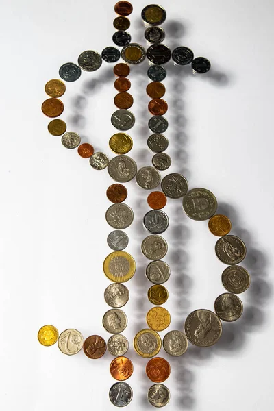 Знак Доллара Монет Доллар Евро Юань Франк Иена Фунт Злотых — стоковое фото