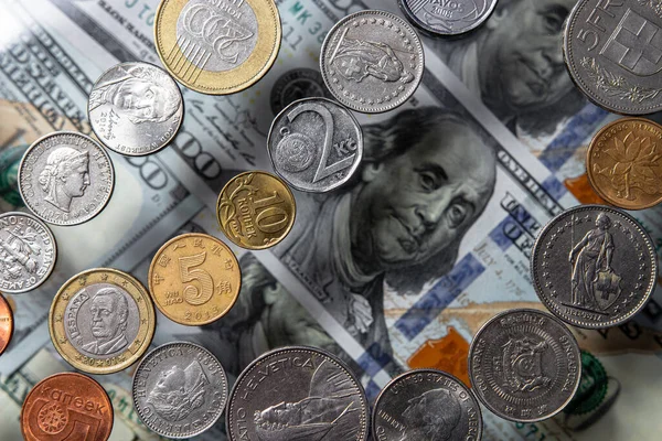 Monedas Dólar Euro Rublo Yuan Franco Yen Libra Zloty Rupia — Foto de Stock