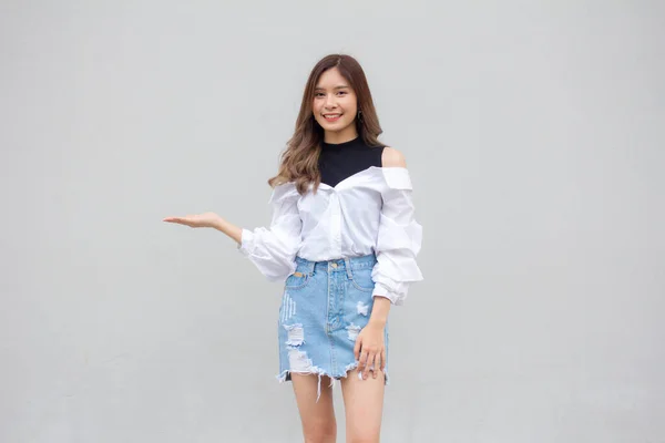 Portrait Thai Jeans Skirt White Shirt Adult Beautiful Girl Show — Stock Photo, Image