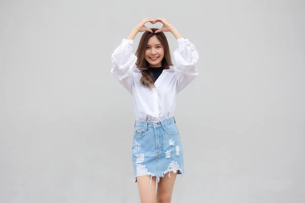 Portrait Thai Jeans Skirt White Shirt Adult Beautiful Girl Give — Stock Photo, Image