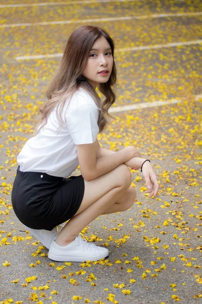 Portrait Thai Adult Student University Uniform Beautiful Girl Relax Smile — Stock Photo, Image