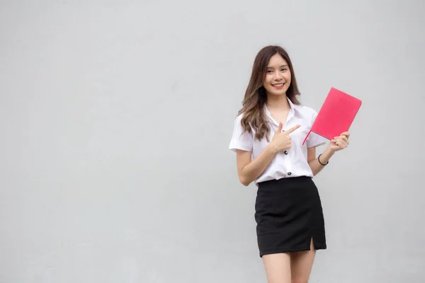 Portrait Thai Adult Student University Uniform Beautiful Girl Read Red — Stock Photo, Image