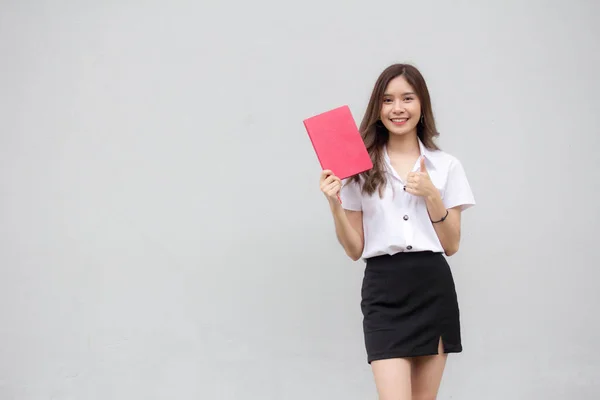 Portrait Thai Adult Student University Uniform Beautiful Girl Read Red — Stock Photo, Image