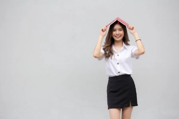 Portrait Thai Adult Student University Uniform Beautiful Girl Read Red — Stock Photo, Image