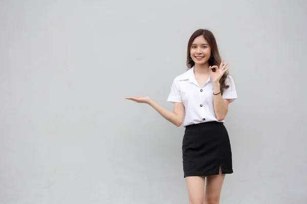 Portrait Thai Adult Student University Uniform Beautiful Girl Show Hand — Stock Photo, Image