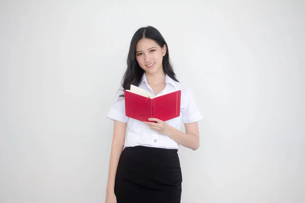 Retrato Tailandés Estudiante Adulto Universidad Uniforme Hermosa Chica Leer Libro —  Fotos de Stock