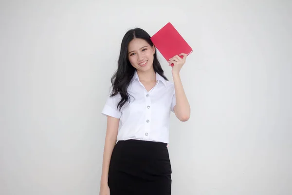 Retrato Tailandês Adulto Estudante Universidade Uniforme Bela Menina Ler Livro — Fotografia de Stock