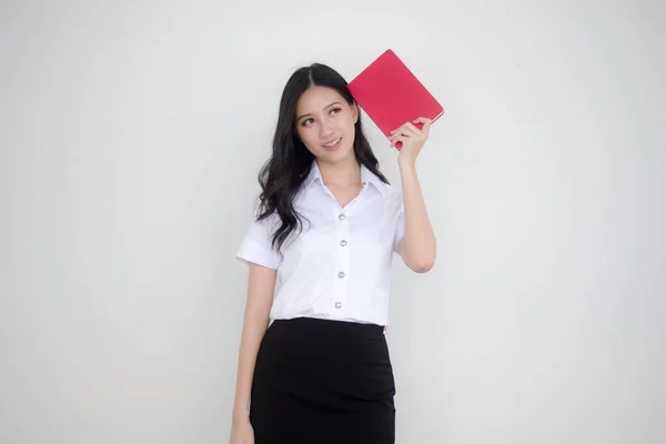 Portrait Thai Adult Student University Uniform Beautiful Girl Read Red — Stock Photo, Image