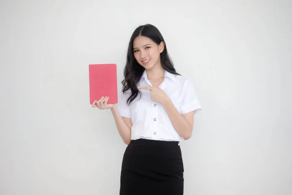 Retrato Tailandês Adulto Estudante Universidade Uniforme Bela Menina Ler Livro — Fotografia de Stock