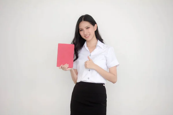 Retrato Tailandês Adulto Estudante Universidade Uniforme Bela Menina Ler Livro — Fotografia de Stock
