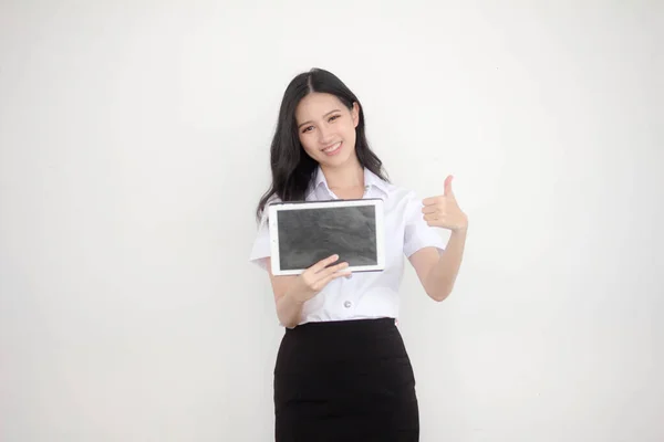 Portrait Thai Adult Student University Uniform Beautiful Girl Show Her — Φωτογραφία Αρχείου