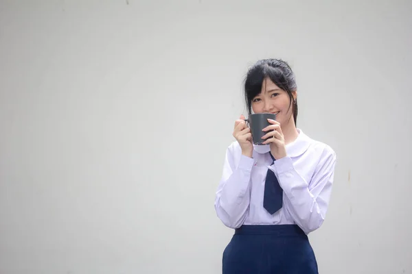 Asiatisch Thai High School Student Uniform Hübsch Mädchen Trinken Heiß — Stockfoto