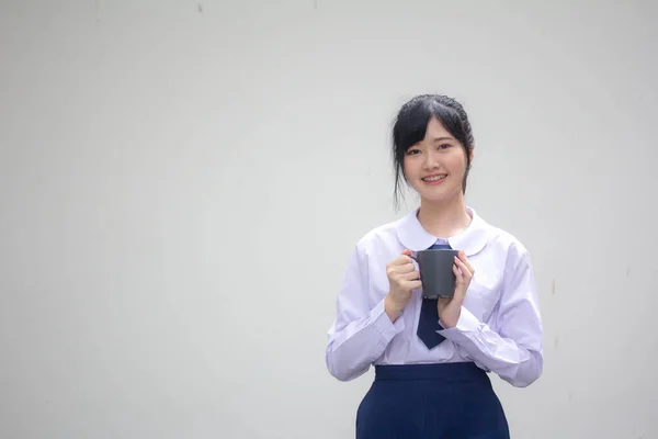 Asia Thai High School Student Uniform Beautiful Girl Drinking Hot — Stock Fotó
