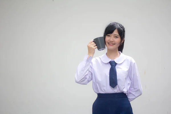 Asia Thai High School Student Uniform Beautiful Girl Drinking Hot — ストック写真